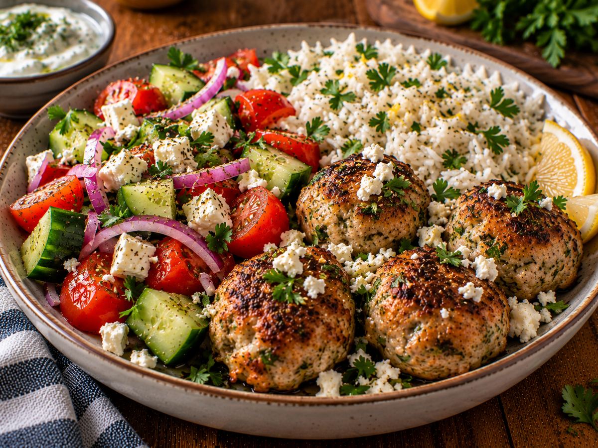 Turkey & feta meatballs with Greek salad & rice