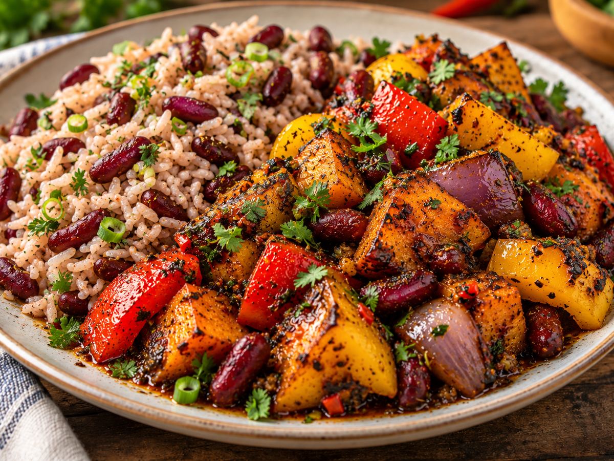 Caribbean jerk vegetables with rice & peas