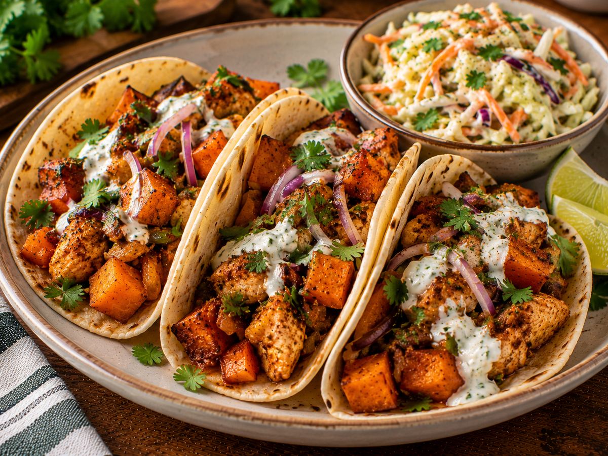Chicken & sweet potato tacos with lemon slaw