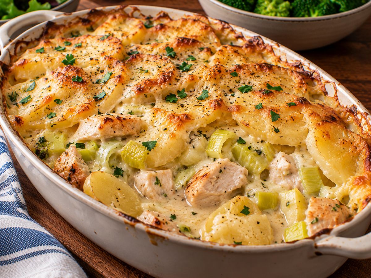 Creamy chicken, leek & potato bake