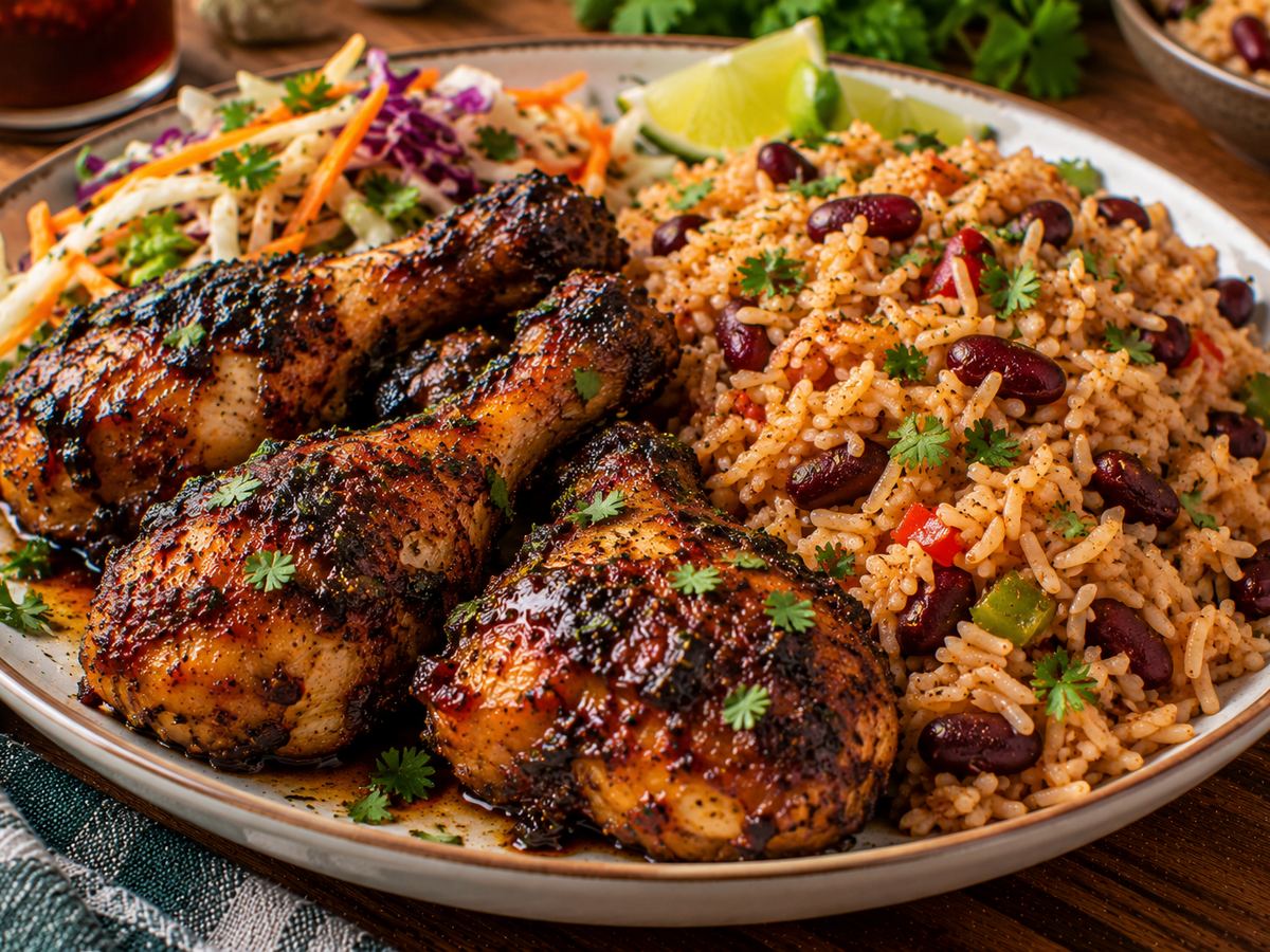 Jerk-style drumsticks with rice & beans
