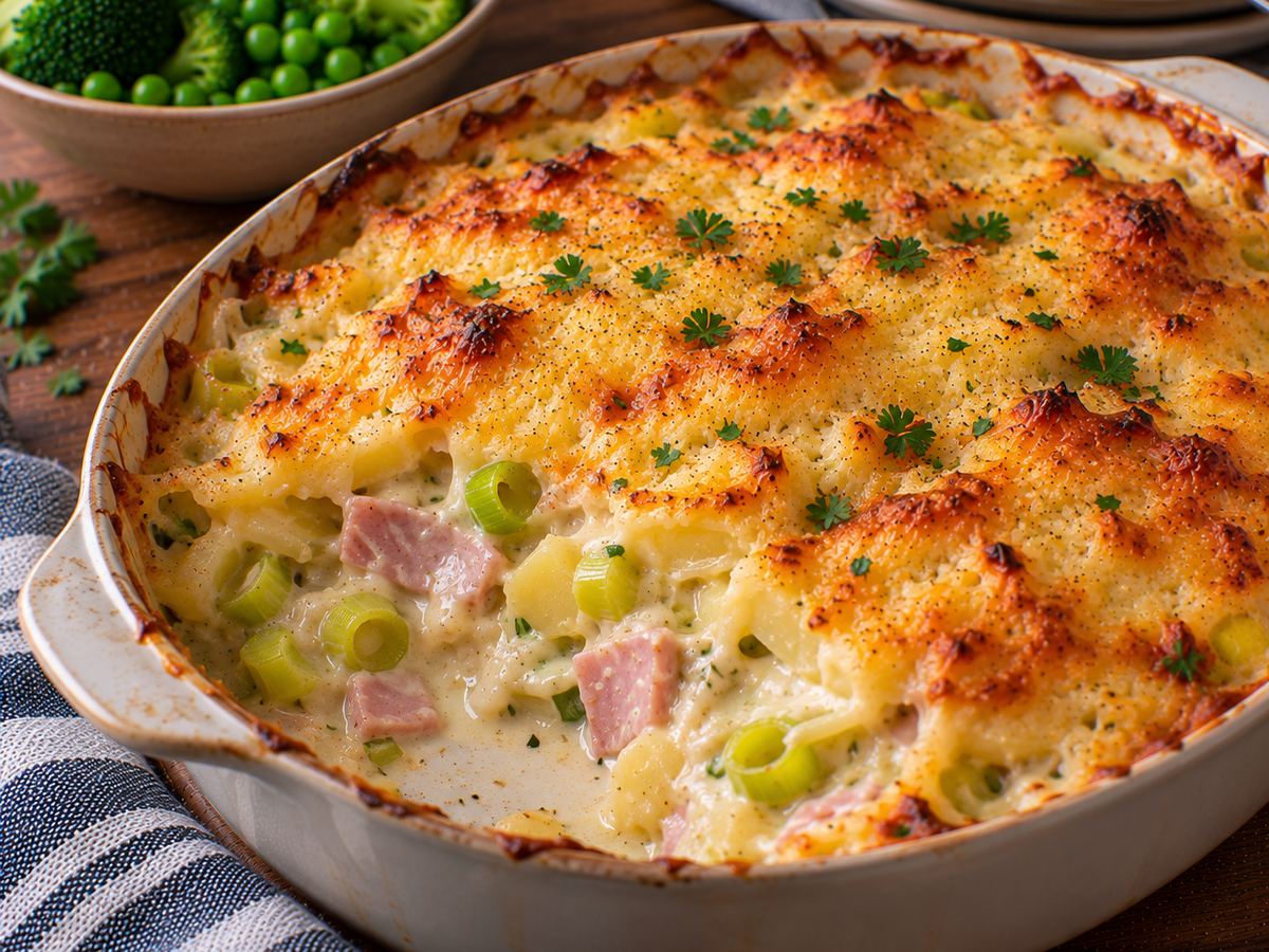 Cheesy ham & leek gratin